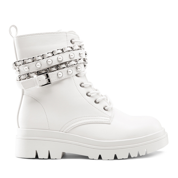 Chains Pearl Chunky Lug Sole Boots - WHITE - 2